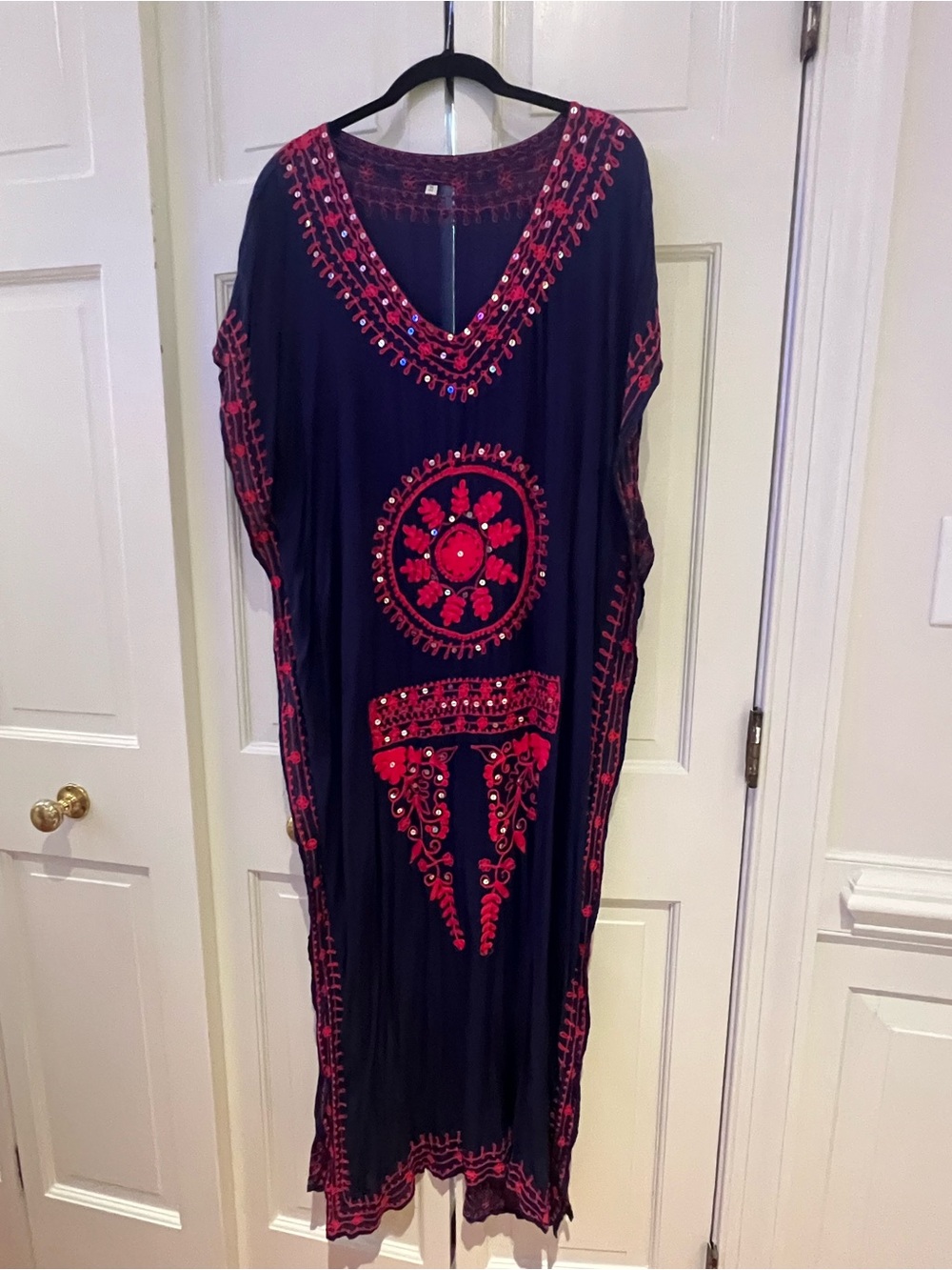 Embroidered Midnight Blue & Magenta Kaftan Dress, One Size